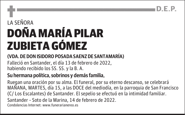 DOÑA MARÍA PILAR ZUBIETA GÓMEZ