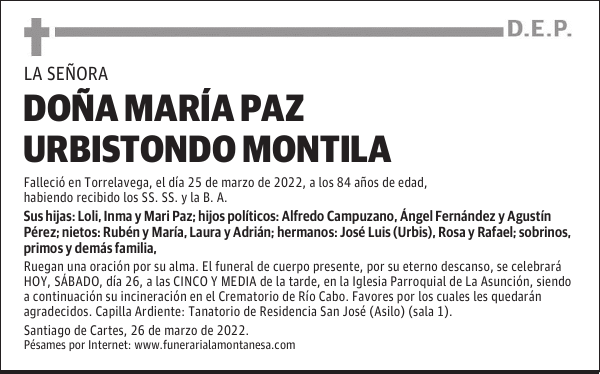 DOÑA MARÍA PAZ URBISTONDO MONTILA