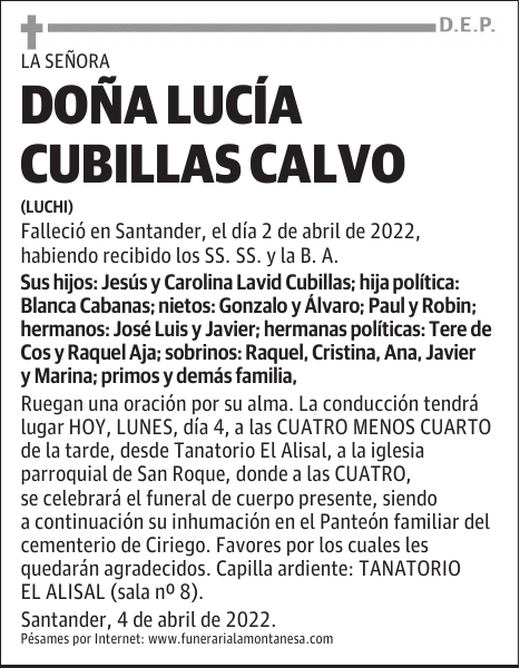 DOÑA LUCÍA CUBILLAS CALVO
