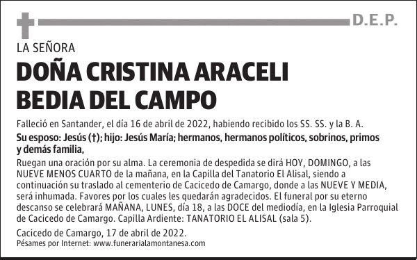 DOÑA CRISTINA ARACELI BEDIA DEL CAMPO