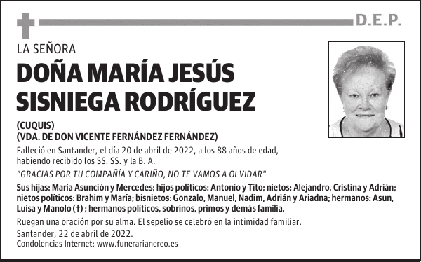 DOÑA MARÍA JESÚS SISNIEGA RODRÍGUEZ