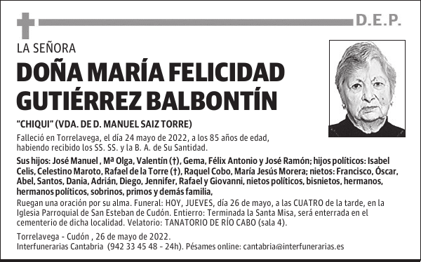DOÑA MARÍA FELICIDAD GUTIÉRREZ BALBONTÍN