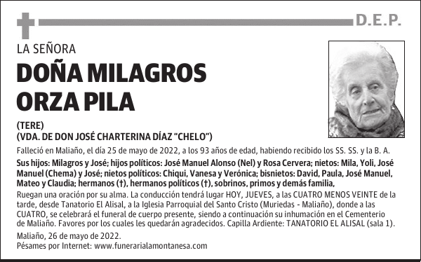 DOÑA MILAGROS ORZA PILA