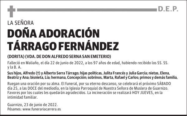 DOÑA ADORACIÓN TÁRRAGO FERNÁNDEZ