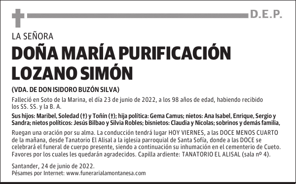 DOÑA MARÍA PURIFICACIÓN LOZANO SIMÓN