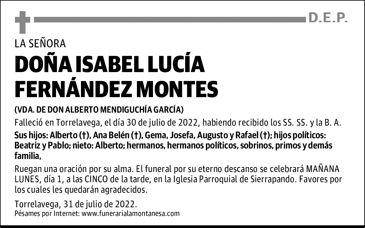 DOÑA ISABEL LUCÍA FERNÁNDEZ MONTES