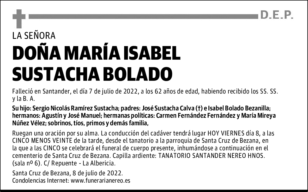 DOÑA MARÍA ISABEL SUSTACHA BOLADO