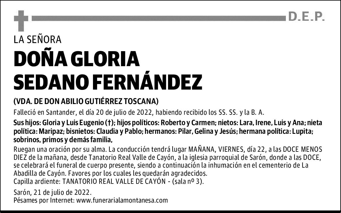 DOÑA GLORIA SEDANO FERNÁNDEZ