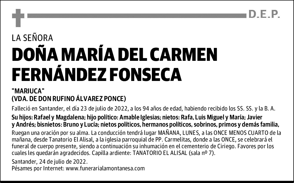 DOÑA MARÍA DEL CARMEN FERNÁNDEZ FONSECA