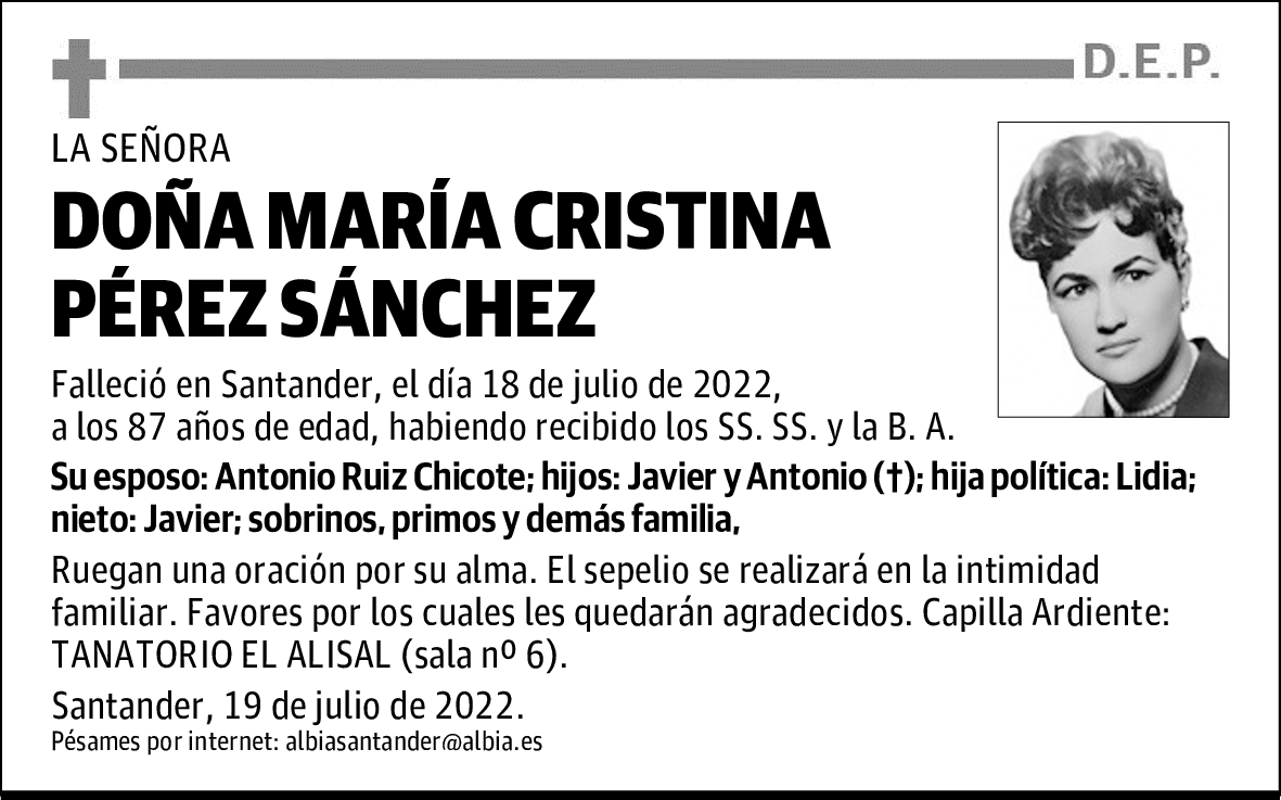 DOÑA MARÍA CRISTINA PÉREZ SÁNCHEZ