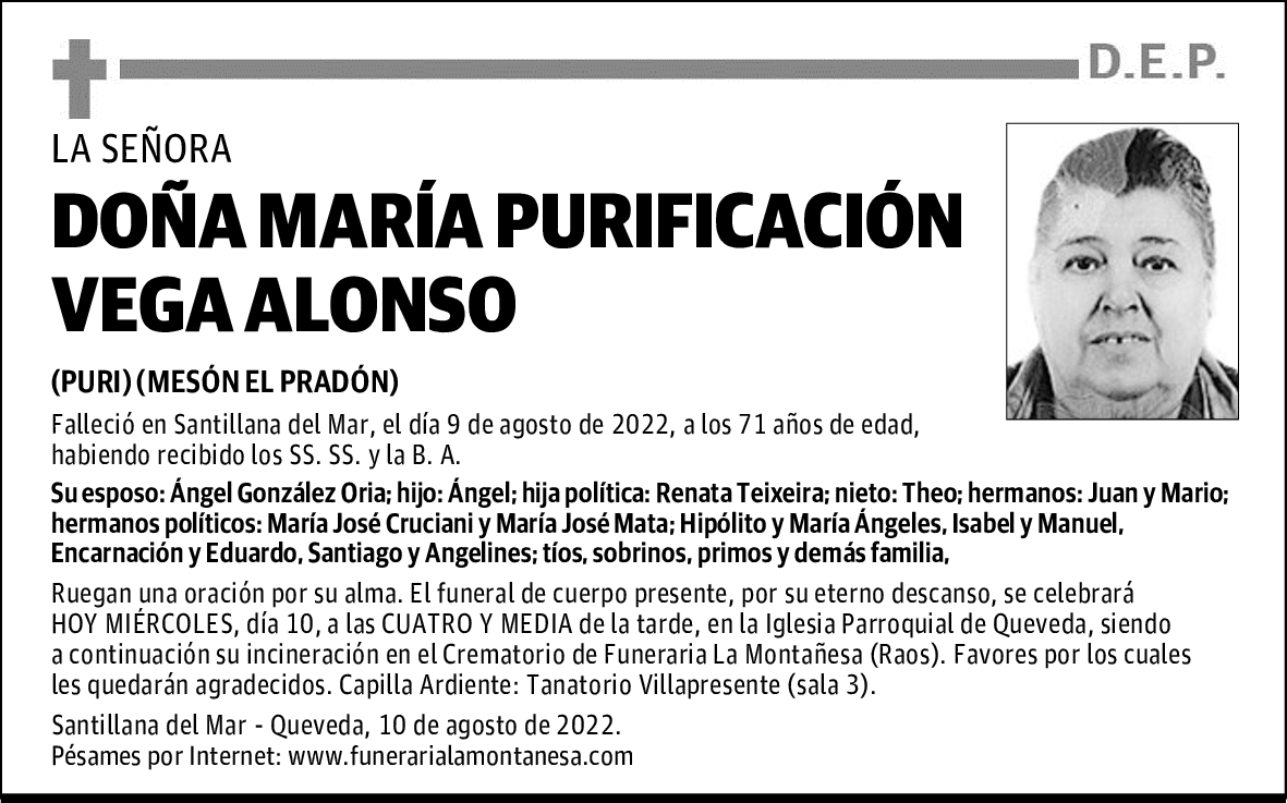 DOÑA MARÍA PURIFICACIÓN VEGA ALONSO