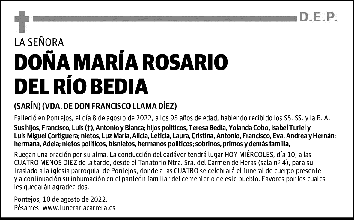 DOÑA MARÍA ROSARIO DEL RÍO BEDIA