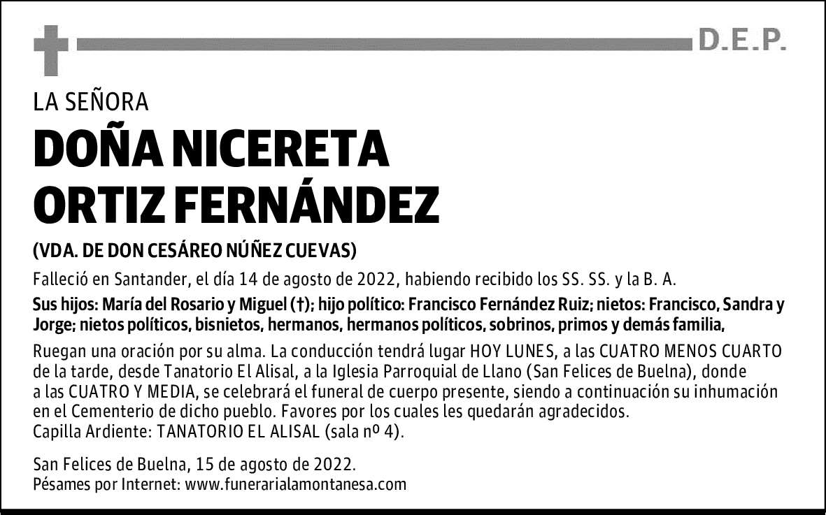 DOÑA NICERETA ORTIZ FERNÁNDEZ