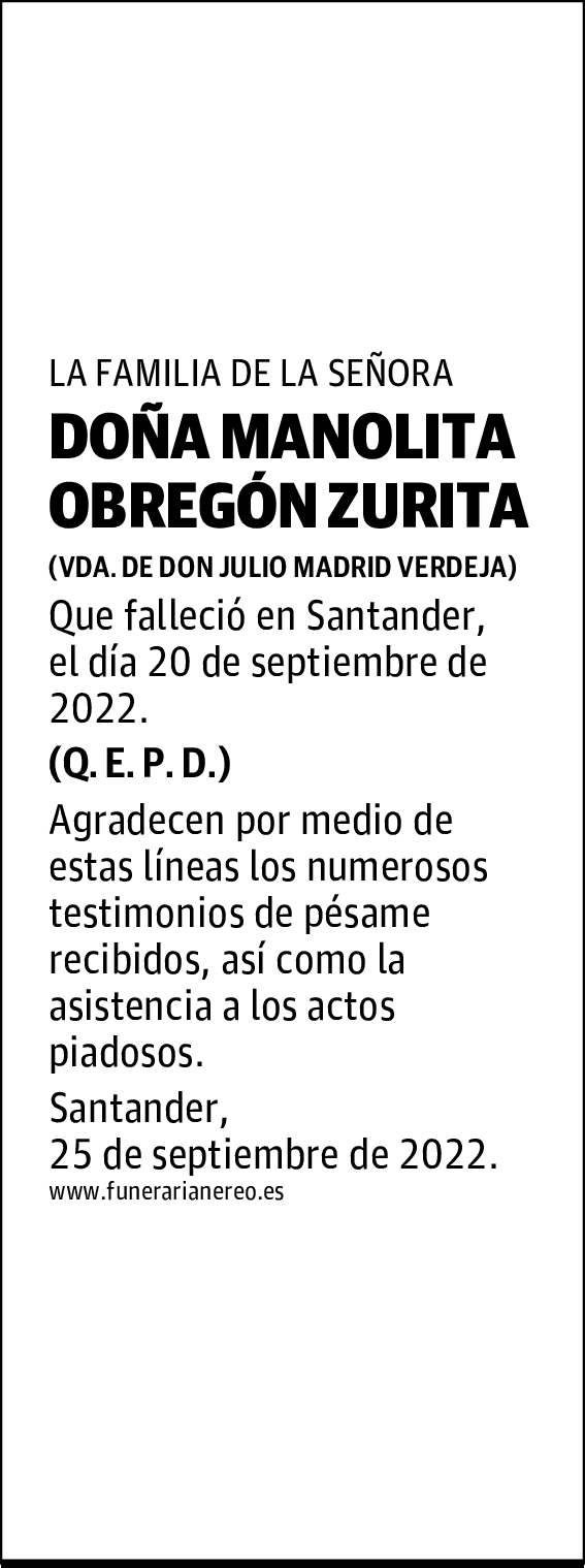 DOÑA MANOLITA OBREGÓN ZURITA