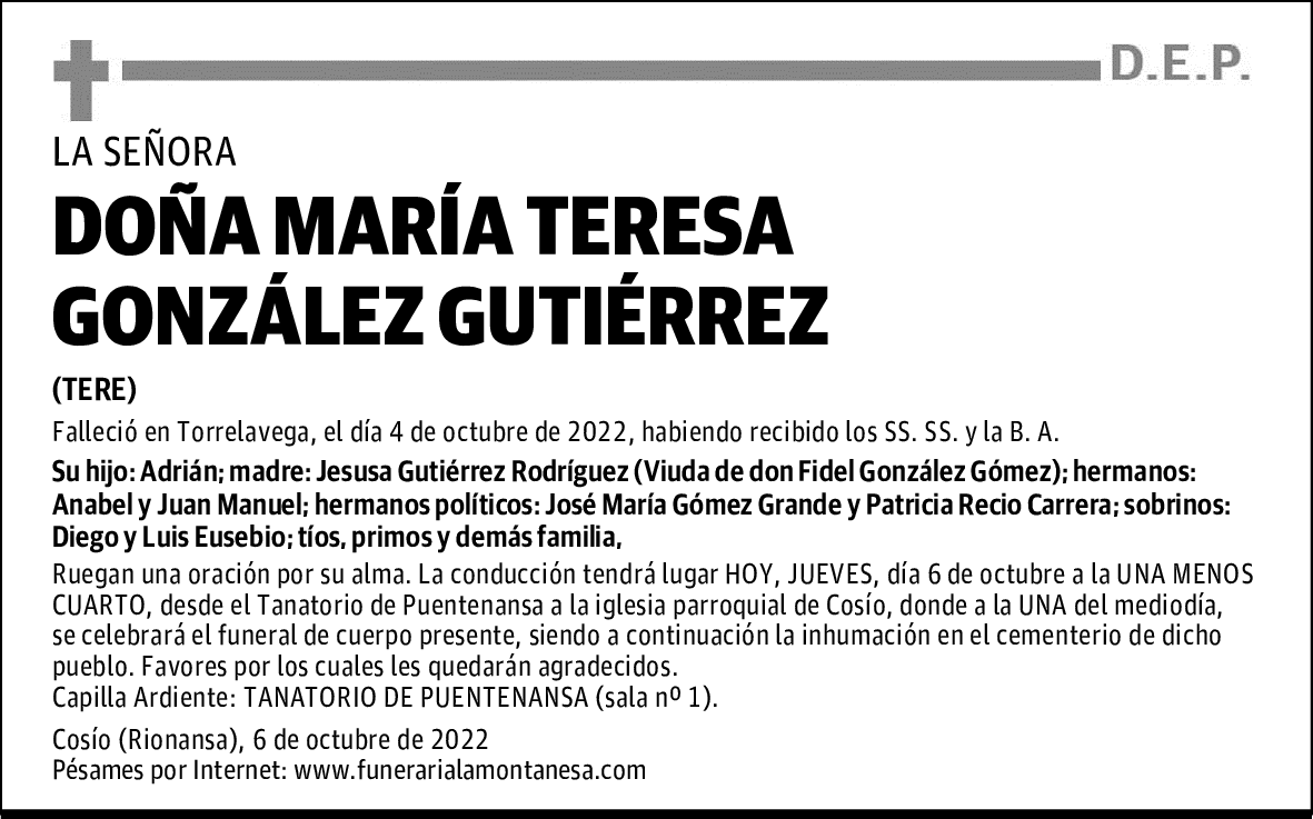 DOÑA MARÍA TERESA GONZÁLEZ GUTIÉRREZ