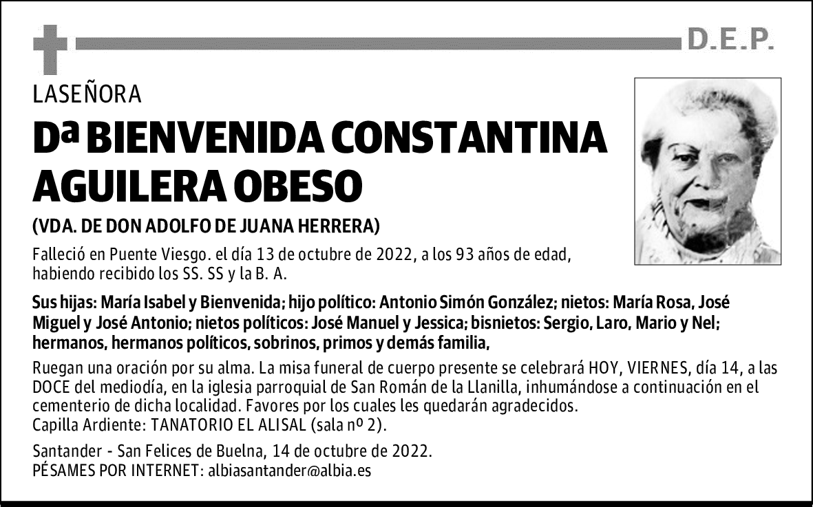 DOÑA BIENVENIDA CONSTANTINA AGUILERA OBESO