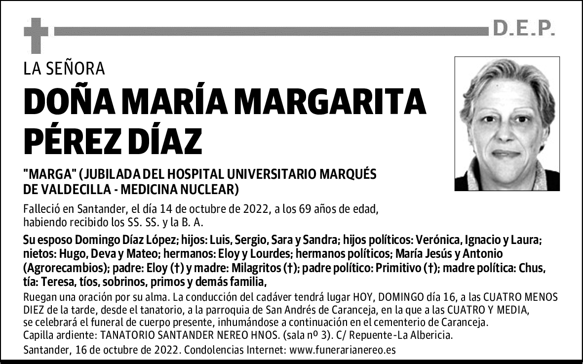 DOÑA Mª MARGARITA PÉREZ DÍAZ