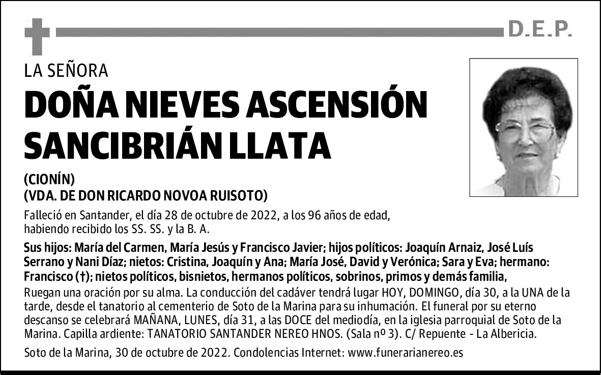 DOÑA NIEVES ASCENSIÓN SANCIBRIÁN LLATA