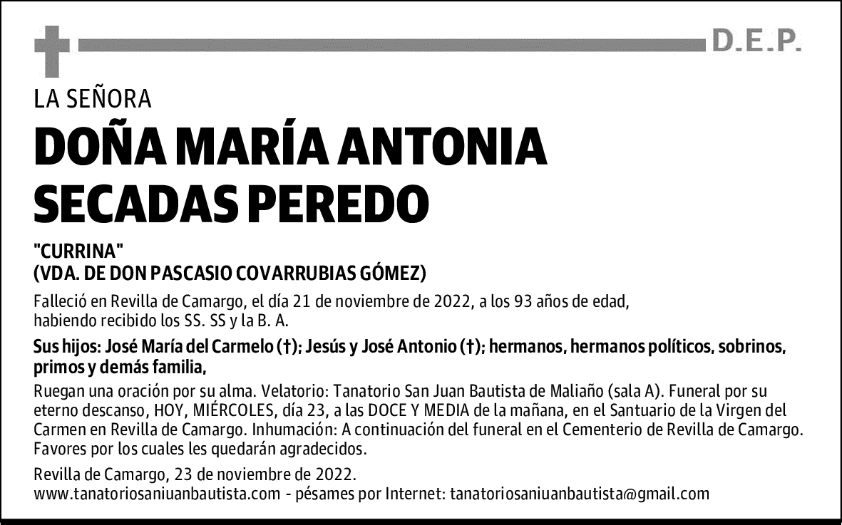 DOÑA MARÍA ANTONIA SECADAS PEREDO