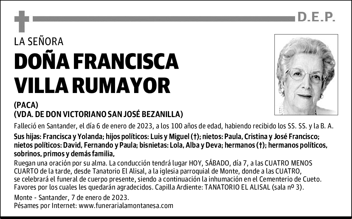 DOÑA FRANCISCA VILLA RUMAYOR