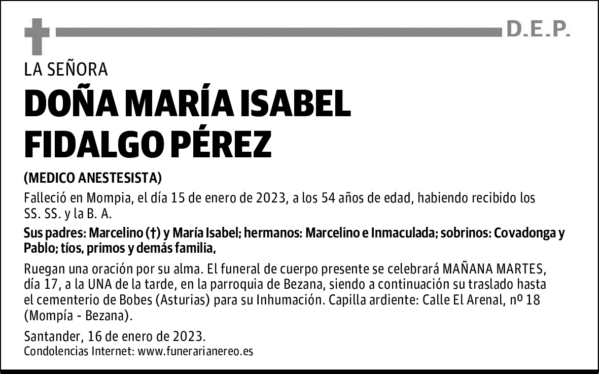 DOÑA MARÍA ISABEL FIDALGO PÉREZ