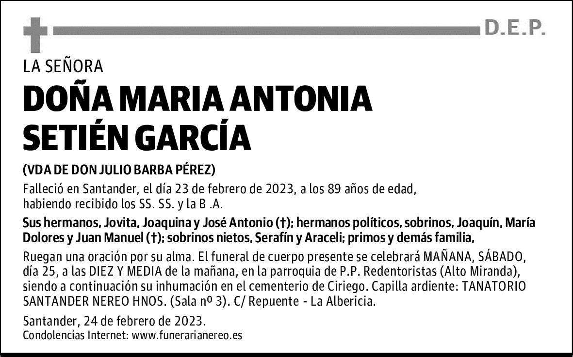 DOÑA MARIA ANTONIA SETIÉN GARCÍA