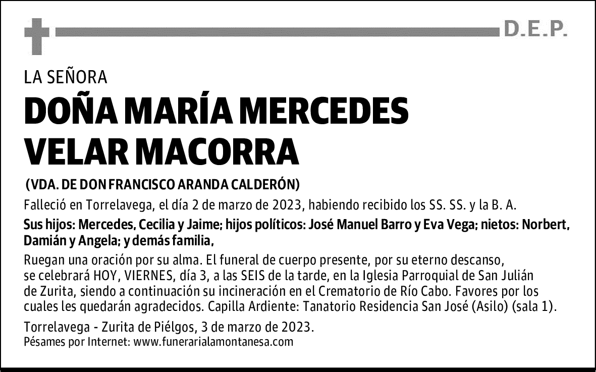 DOÑA MARÍA MERCEDES VELAR MACORRA