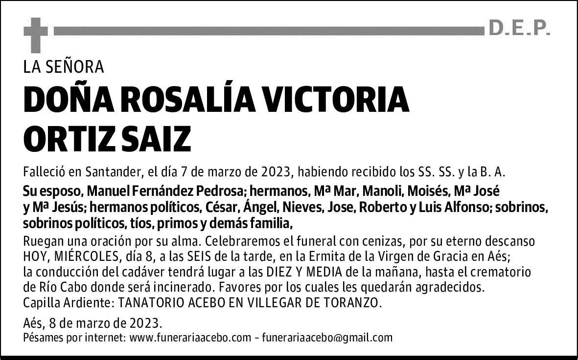 DOÑA ROSALÍA VICTORIA ORTIZ SAIZ