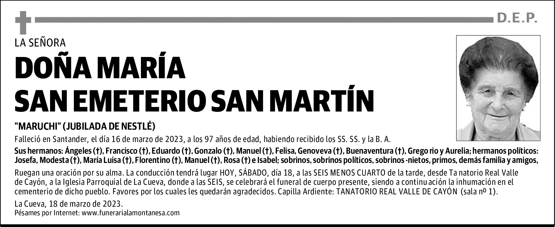 DOÑA MARÍA SAN EMETERIO SAN MARTÍN