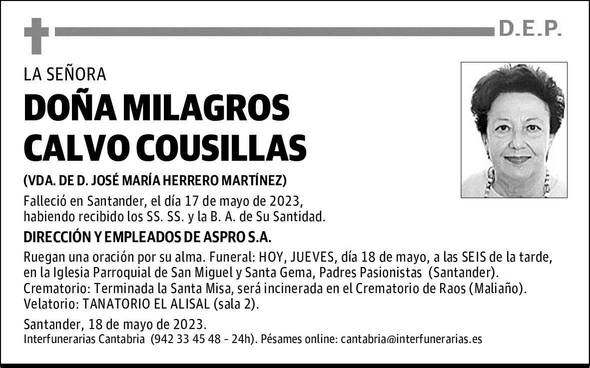 DOÑA MILAGROS CALVO COUSILLAS