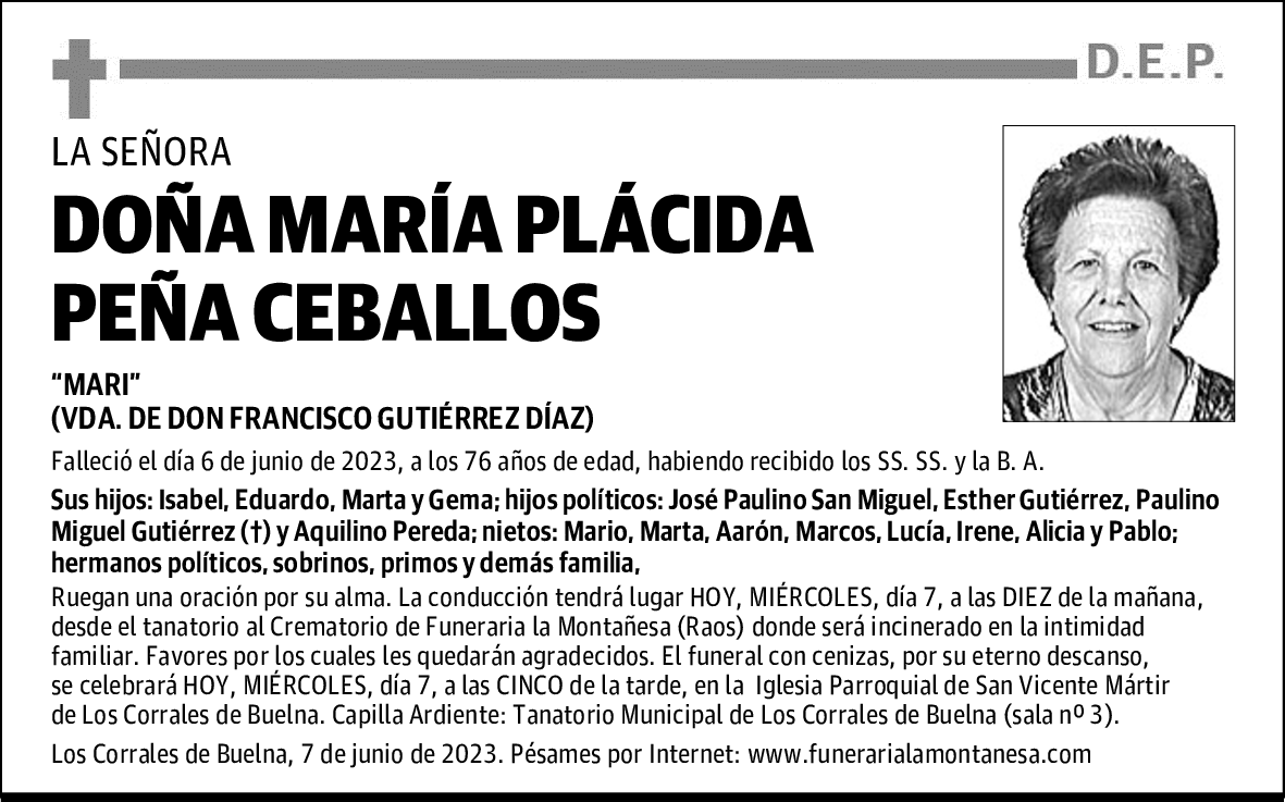 DOÑA MARÍA PLÁCIDA PEÑA CEBALLOS