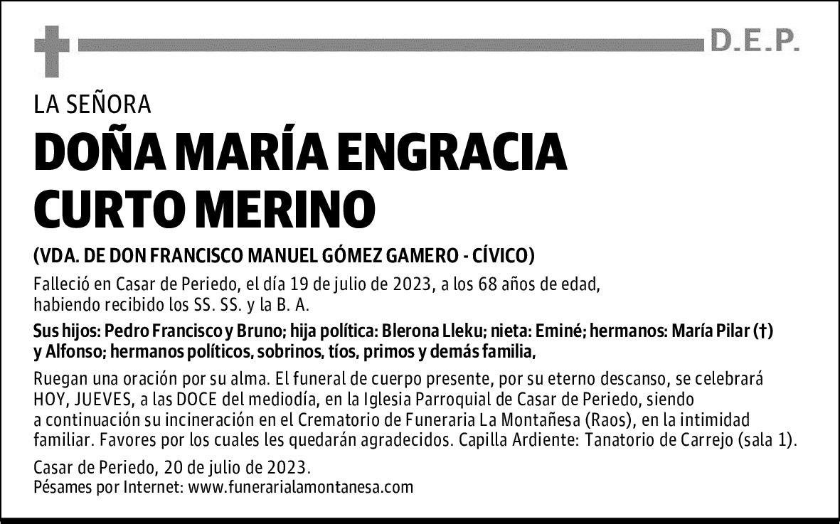DOÑA MARÍA ENGRACIA CURTO MERINO