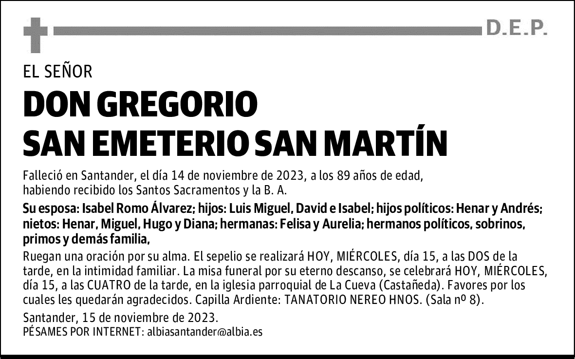 DON GREGORIO SAN EMETERIO SAN MARTÍN