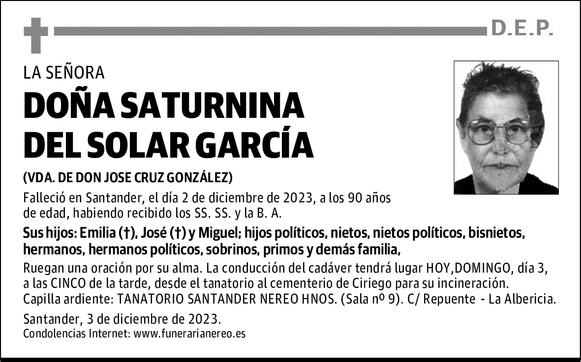 DOÑA SATURNINA DEL SOLAR GARCIA