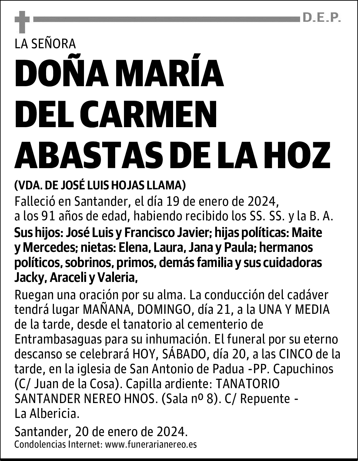 DOÑA MARÍA DEL CARMEN ABASTAS DE LA HOZ
