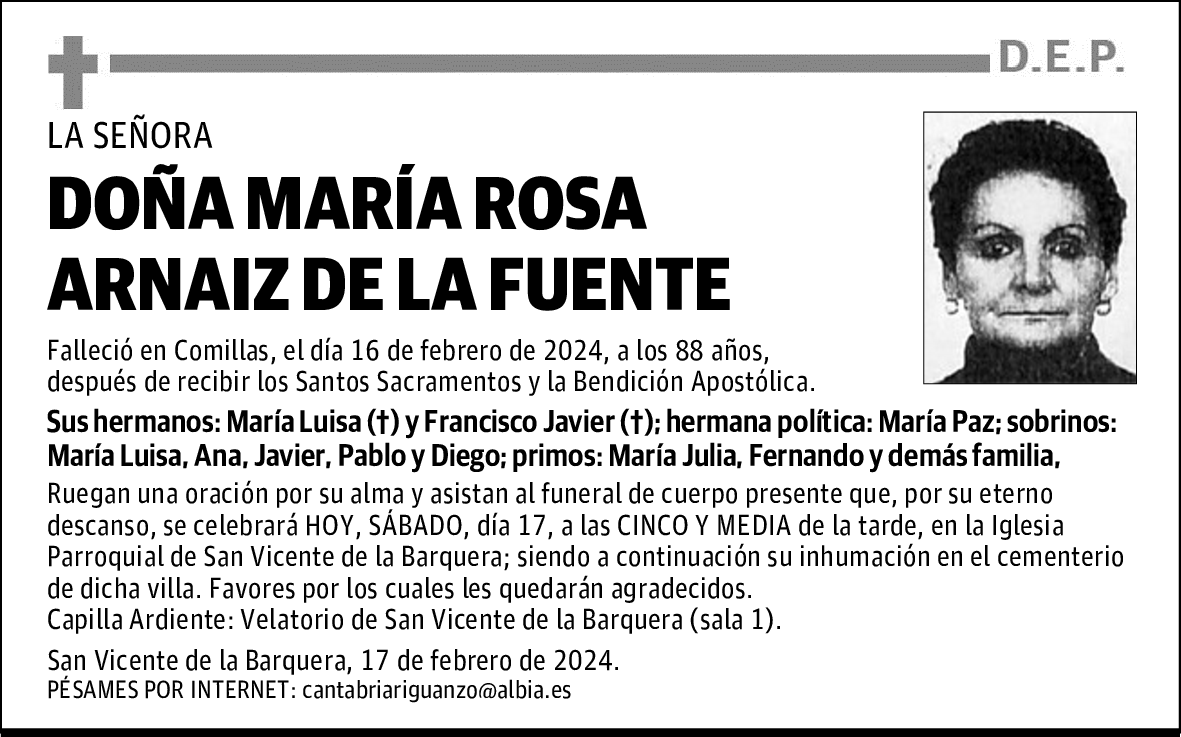 DOÑA MARÍA ROSA ARNAIZ DE LA FUENTE