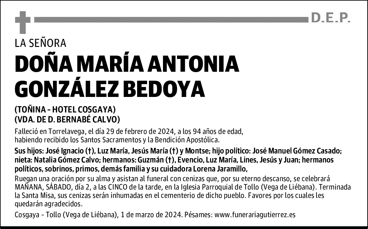 DOÑA MARÍA ANTONIA GONZÁLEZ BEDOYA