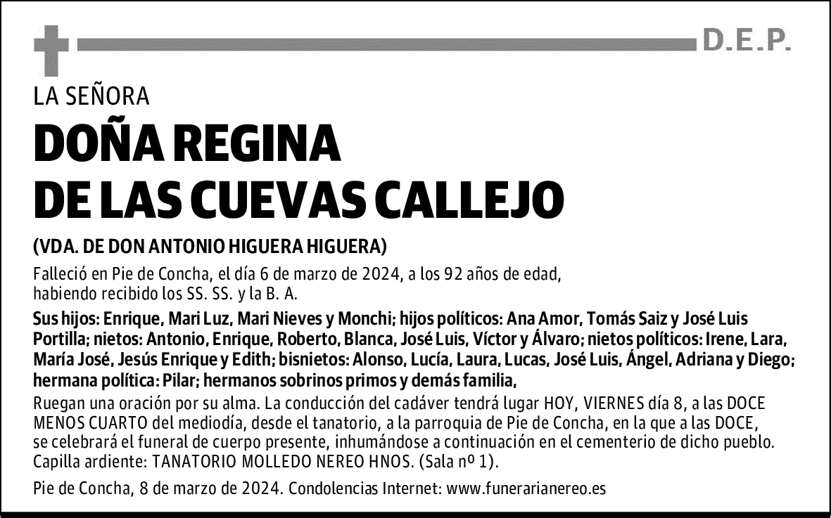 DOÑA REGINA DE LAS CUEVAS CALLEJO