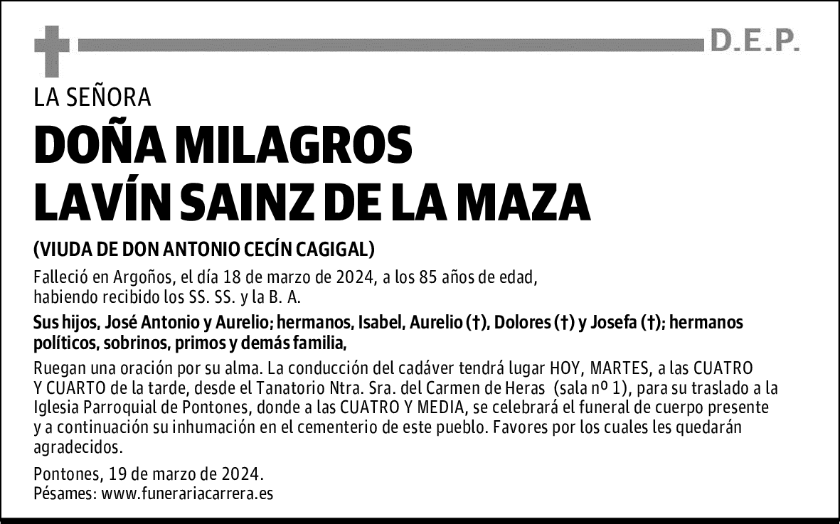 DOÑA MILAGROS LAVÍN SAINZ DE LA MAZA