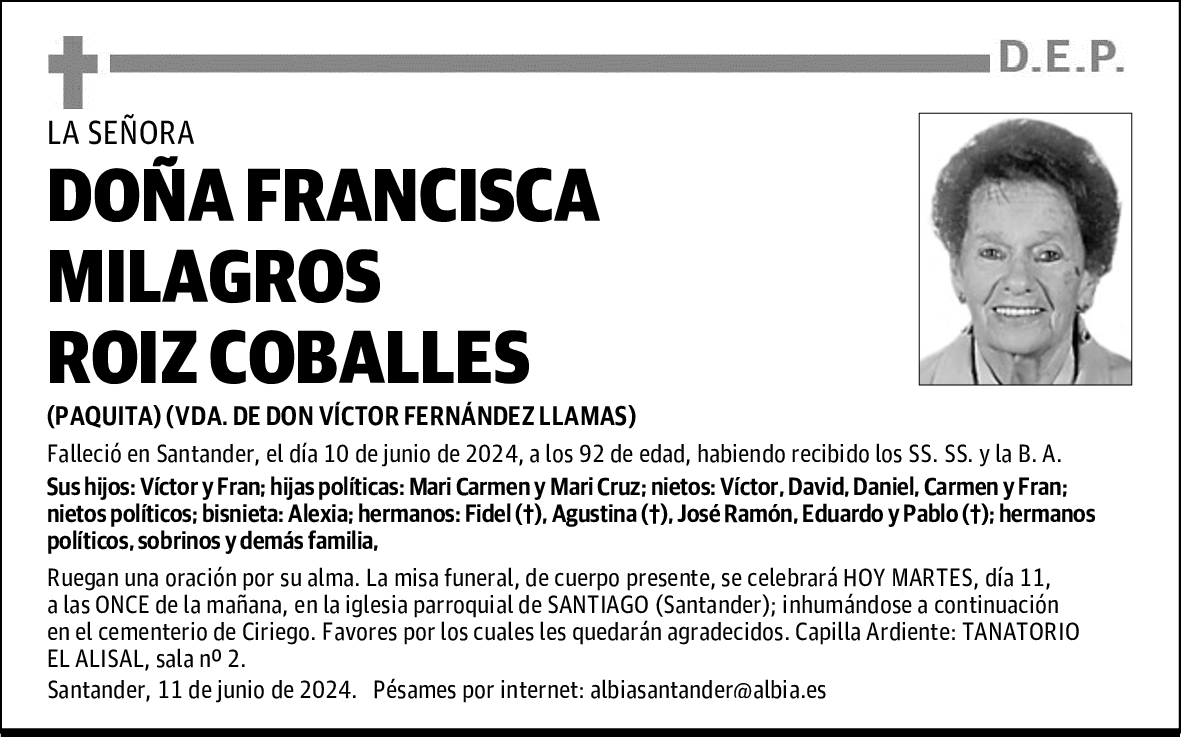 DOÑA FRANCISCA MILAGROS ROIZ COBALLES