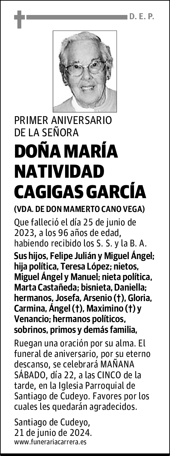 DOÑA MARÍA NATIVIDAD CAGIGAS GARCÍA