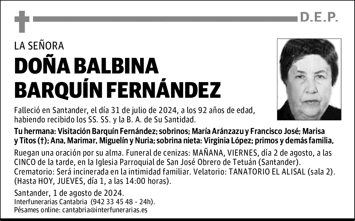 DOÑA BALBINA BARQUÍN FERNÁNDEZ