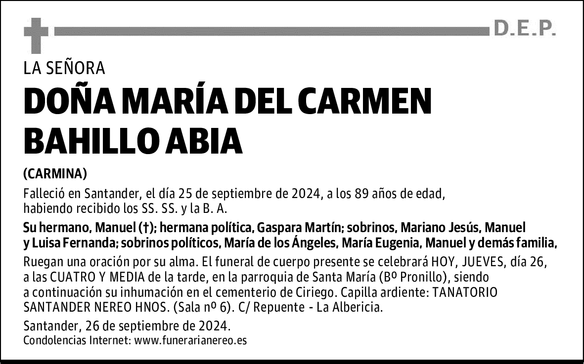 DOÑA MARÍA DEL CARMEN BAHILLO ABIA