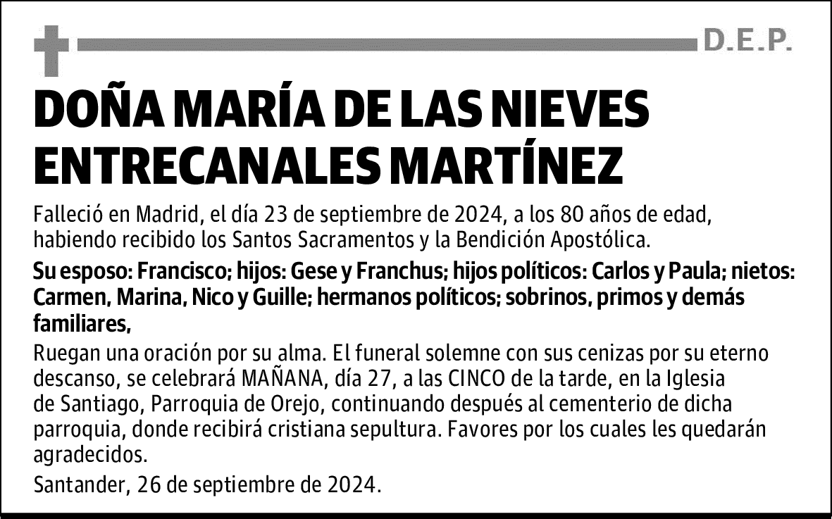 DOÑA MARÍA DE LAS NIEVES ENTRECANALES MARTÍNEZ