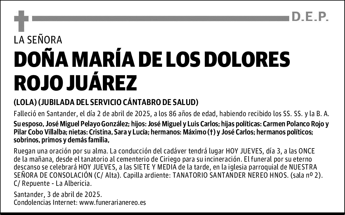 DOÑA MARÍA DE LOS DOLORES ROJO JUÁREZ
