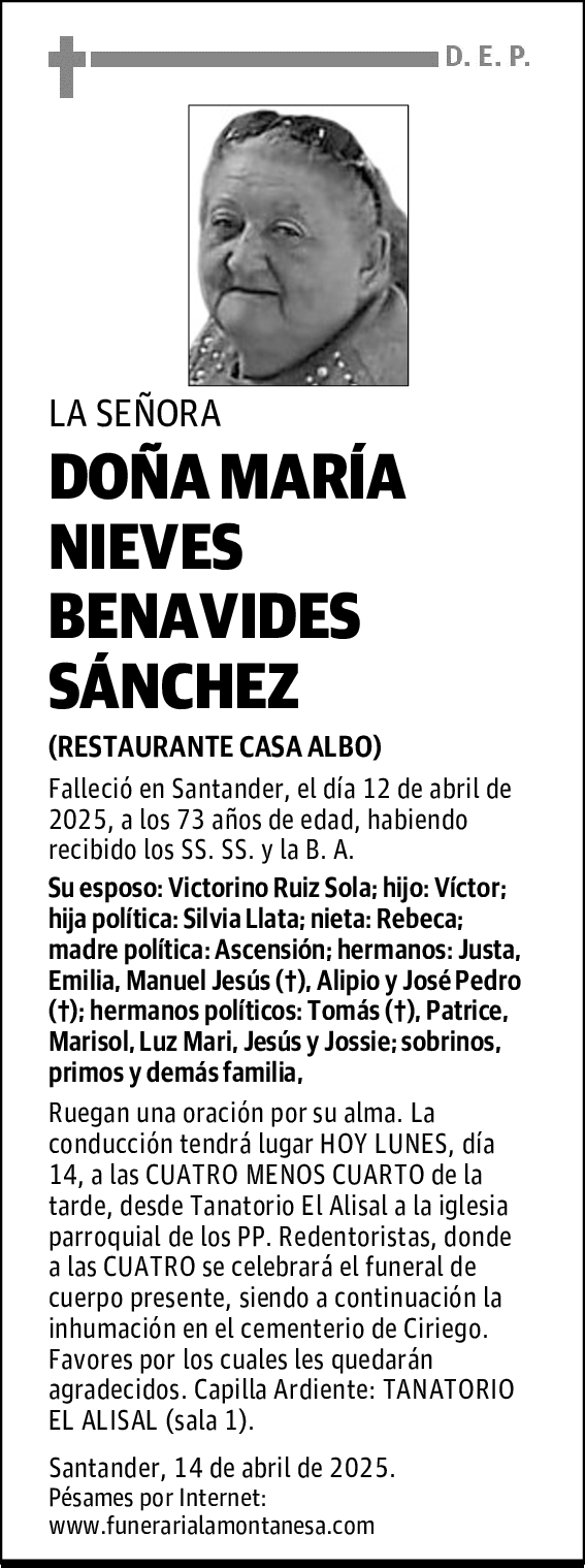 DOÑA MARÍA NIEVES BENAVIDES SÁNCHEZ