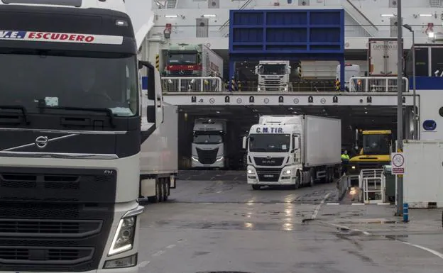 Trucks leaving the hold of a Brittany Ferries ship in the Port of Santander. 